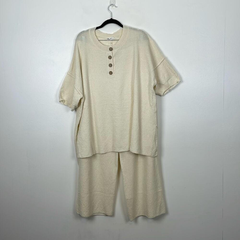 Ekouaer 2 Piece Knit Pant Set 3/4 Button Stretch Pullover Top Wide Leg Lounge 2X